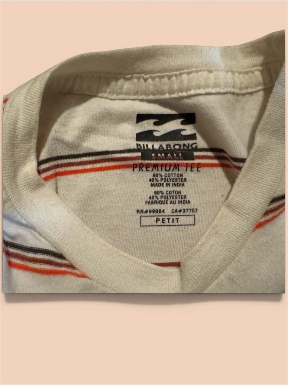 Billabong Cream Black Striped Tee Women’s Small Soft Coastal Casual T-Shirt